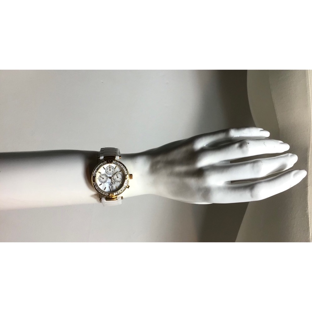 Anne Klein Swiss genuine diamond gold tone white ceramic mother of pearl watch - Picture 12 of 12